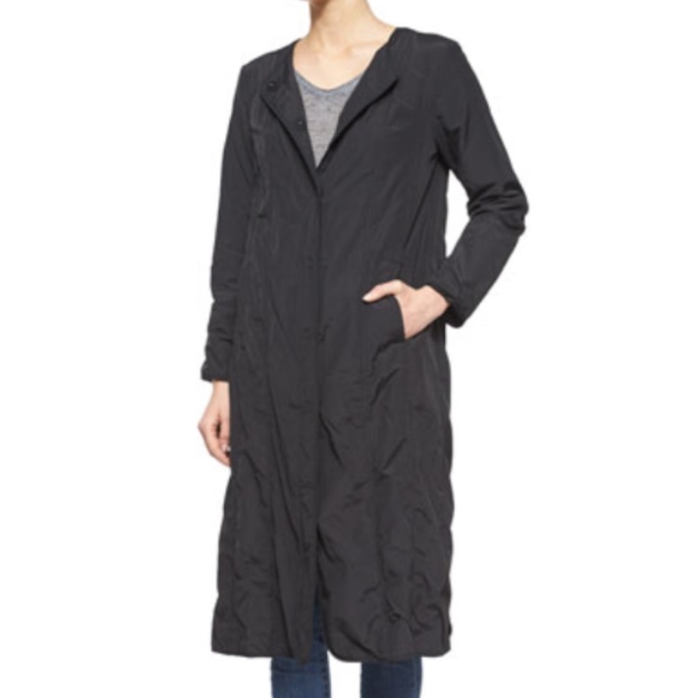 Eileen Fisher black bonded snap front long coat.